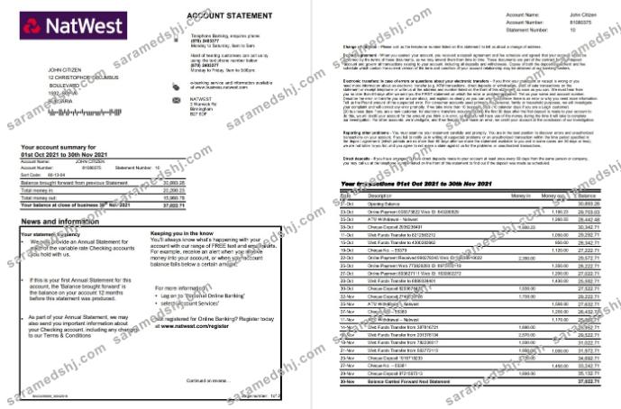 United Kingdom NatWest bank account statement template in Excel and PDF format, 2 pages